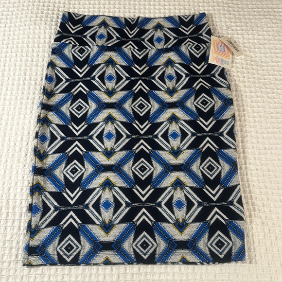 LuLaRoe Women’s Cassie Pencil Skirt/Size:L/Color:Blue/White/Yellow GeoPrint(NWT) - Picture 1 of 7